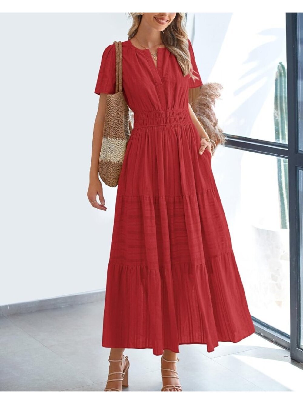 〽️Women's Red Lightweight Short Sleeve V Neck Elastic Waist Maxi Dresses